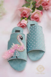 Flamingo Ice Blue Slides - Crafted with Beads, Crystals, and Cut Dana For Women