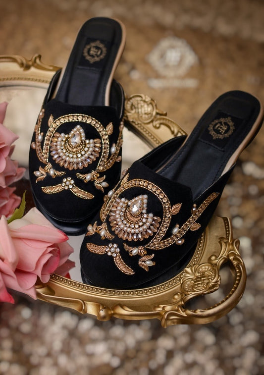 Handcrafted Black Velvet Mules with Crystals, Cut Dana & Zardozi For Women