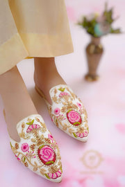 Rosy Off-White Mules with Gold Zardozi & Pink Resham Work For Women
