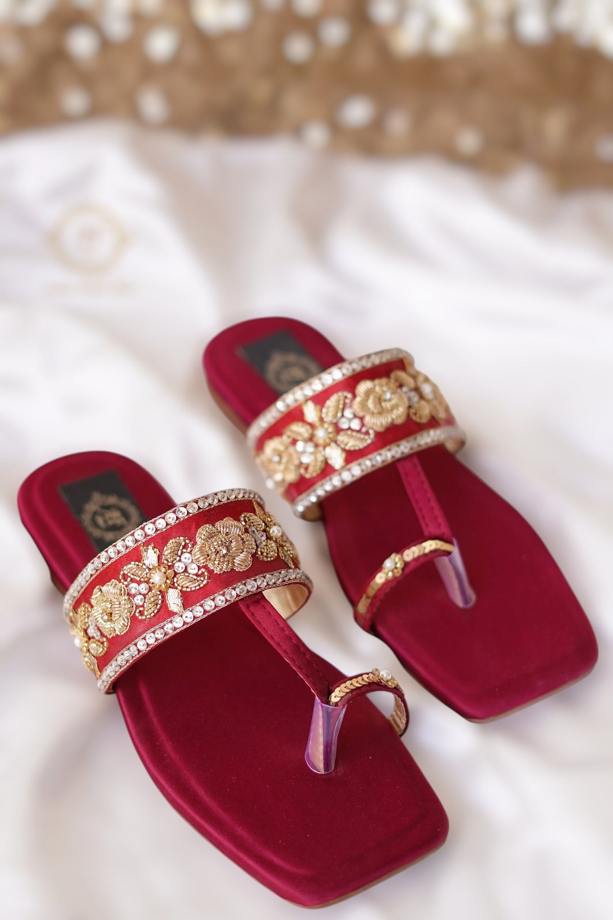 Maroon Satin T-Shape Kohlapuris with Kora Dabka and Swarovski Stones For Women