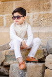 White Kurta with Golden Jamawar Waistcoat For Boys