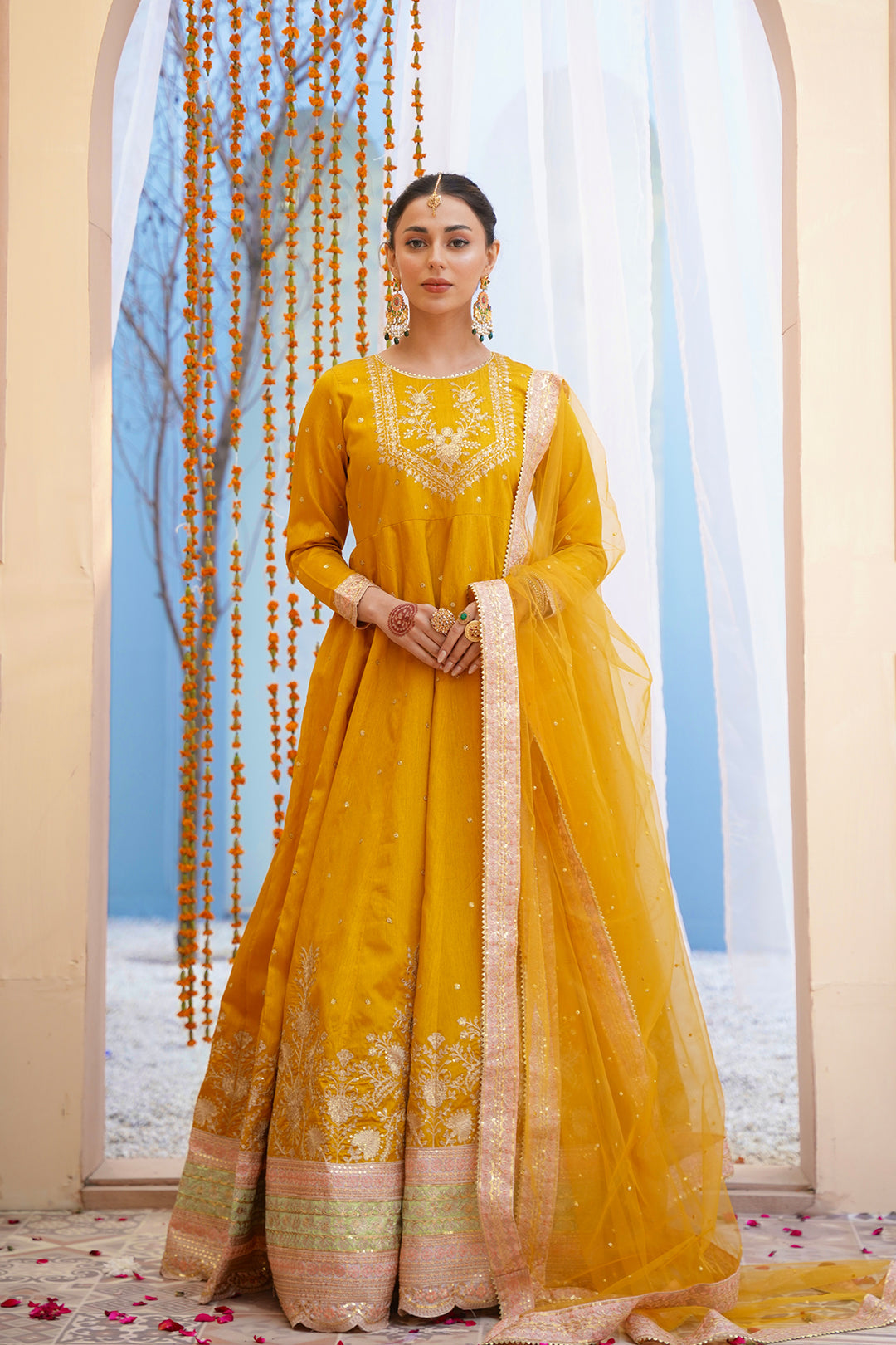 Zarreen Mustard Premium Raw Silk Maxi with Dupatta For Women