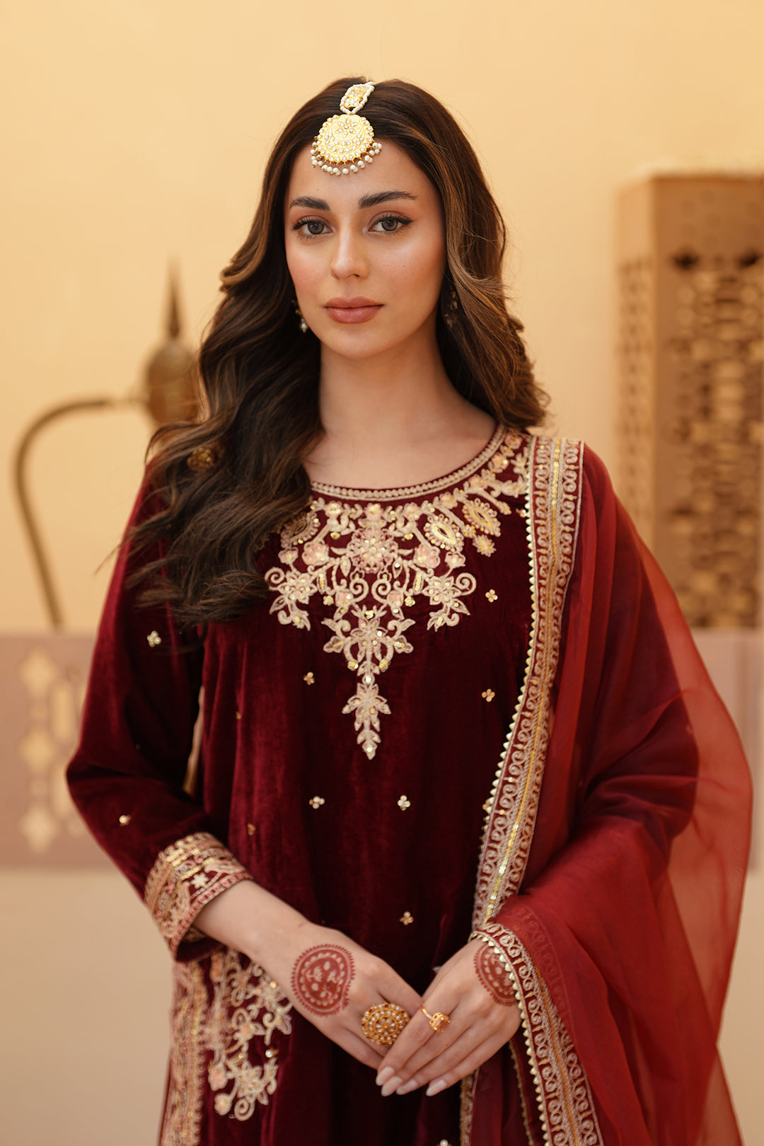 Zeba Maroon Burgundy Velvet Shirt & Sharara with Dupatta For Women