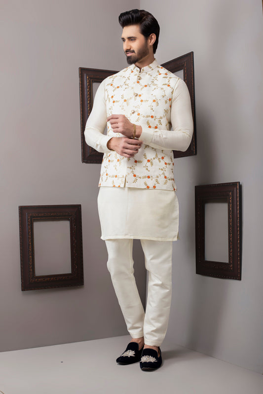 Golden Color Orange Embroidered Waist Coat For Men