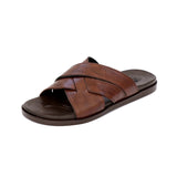 Brown & Black Color Stripe Design Leather Slippers For Men