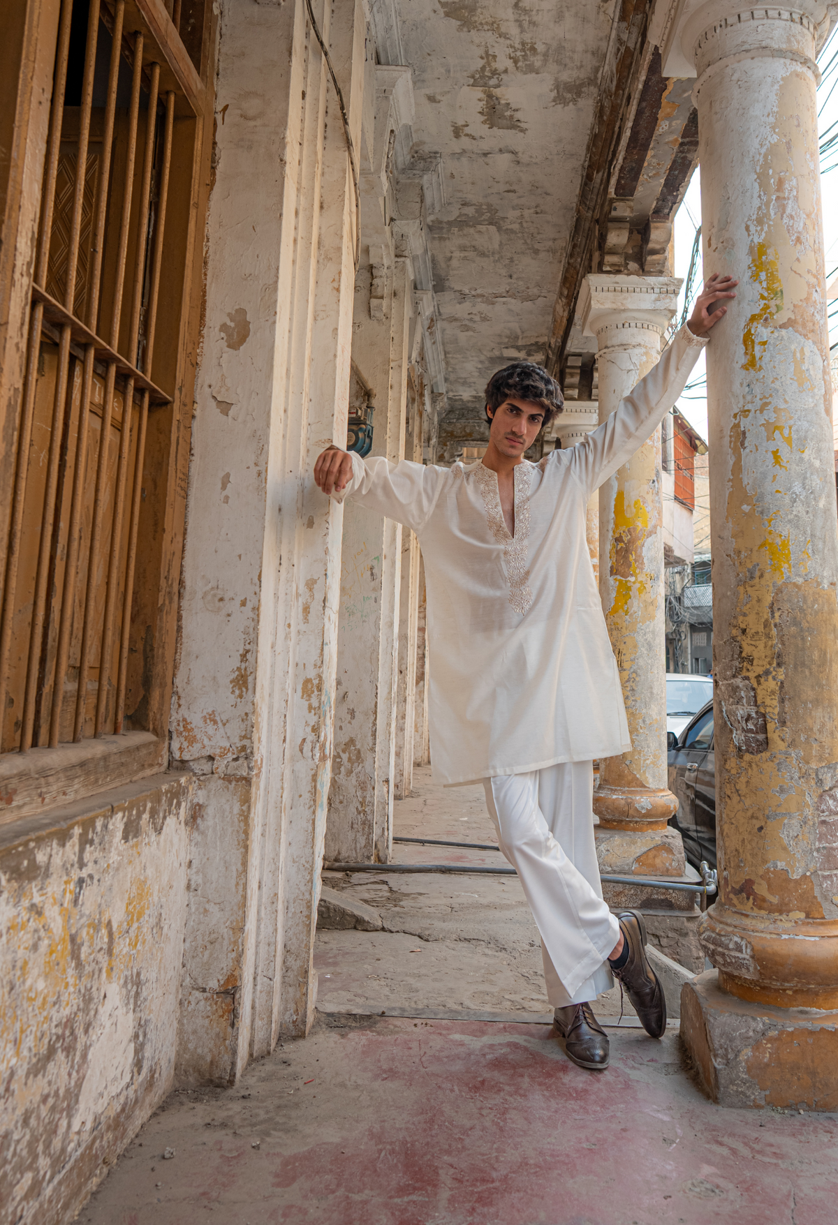 White Chickenkari Embroidered Short Kurta with Bell Bottom For Men