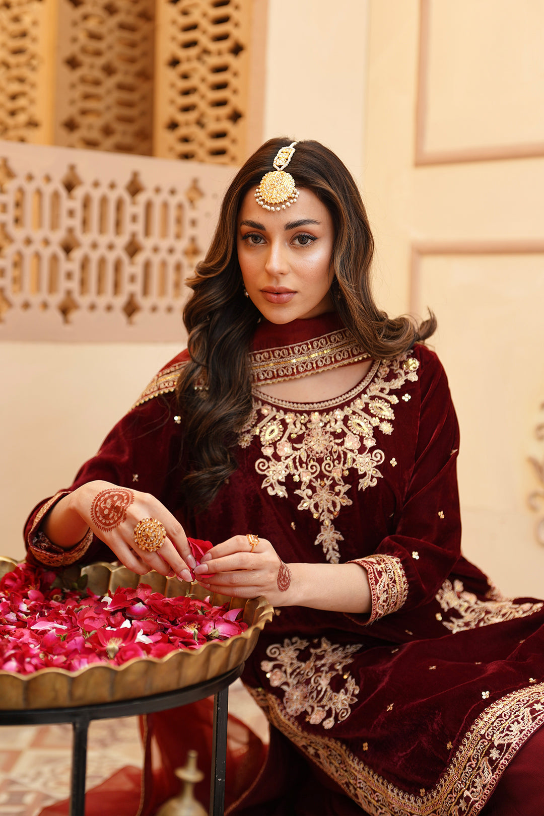 Zeba Maroon Burgundy Velvet Shirt & Sharara with Dupatta For Women