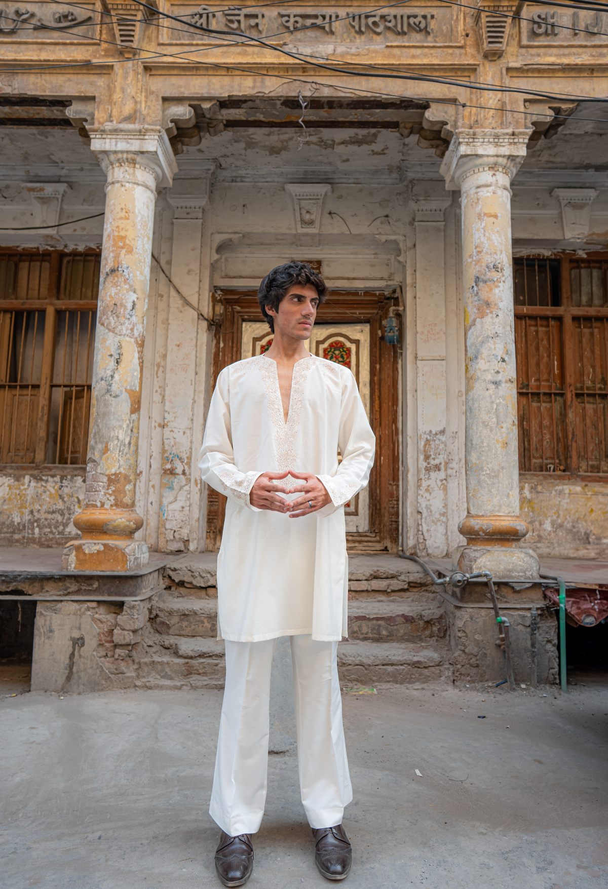 White Chickenkari Embroidered Short Kurta with Bell Bottom For Men