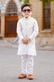 White Kurta with Golden Jamawar Waistcoat For Boys