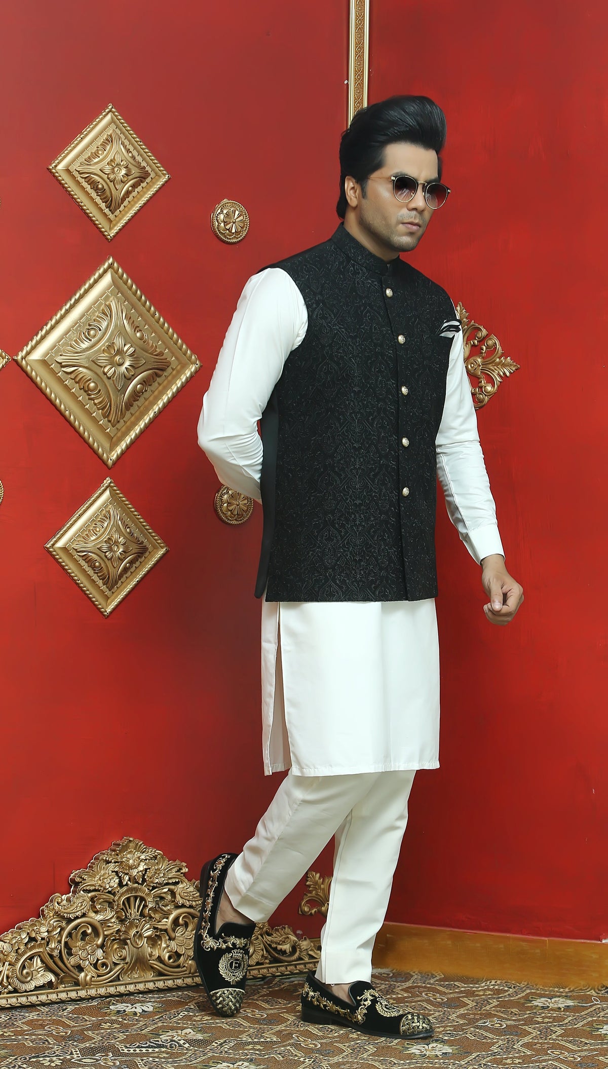Elegant Black Embroidered Waist Coat For Men