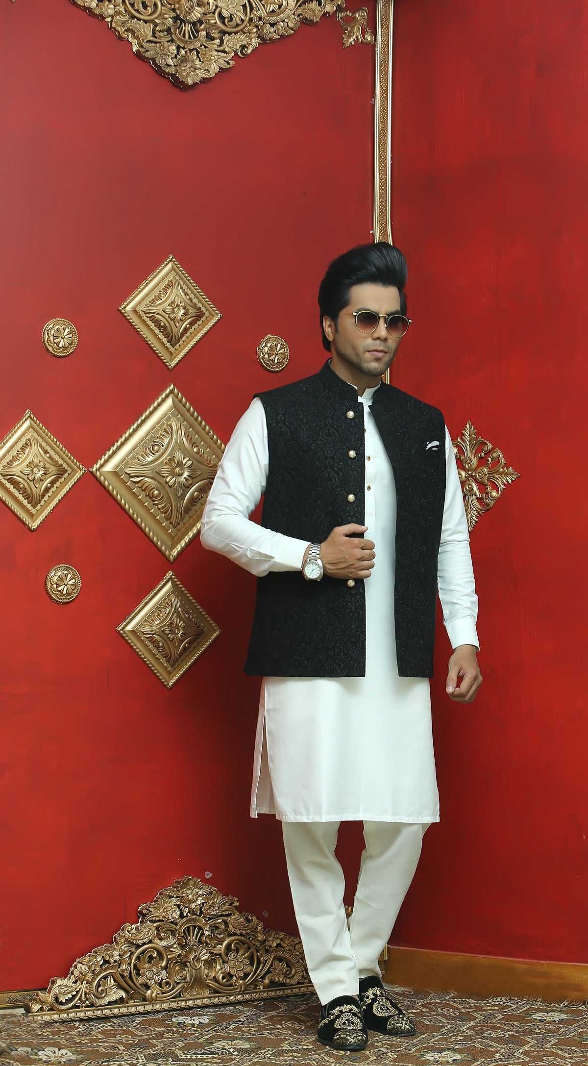 Elegant Black Embroidered Waist Coat For Men