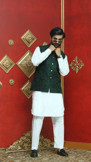 Green & Black Shimmer Embroidered Waist Coat For Men