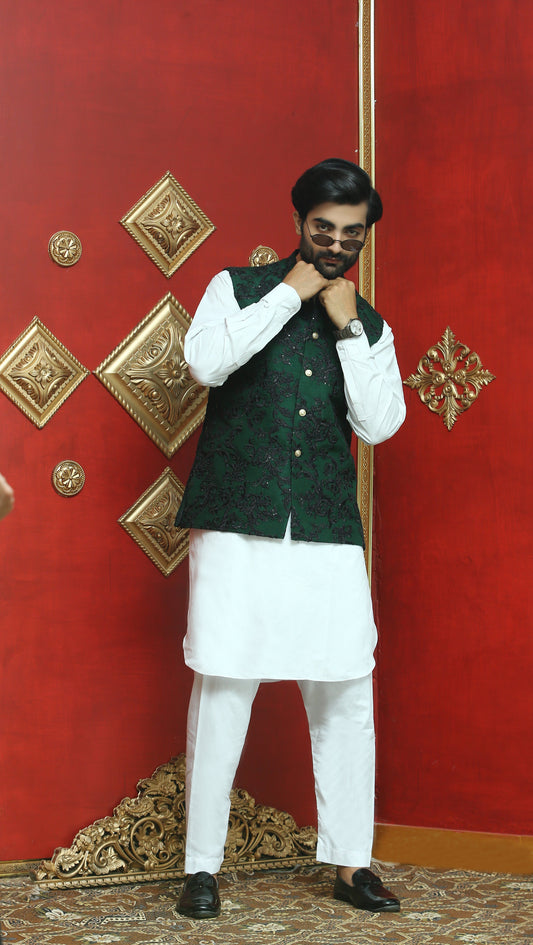 Green & Black Shimmer Embroidered Waist Coat For Men