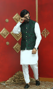 Green & Black Shimmer Embroidered Waist Coat For Men