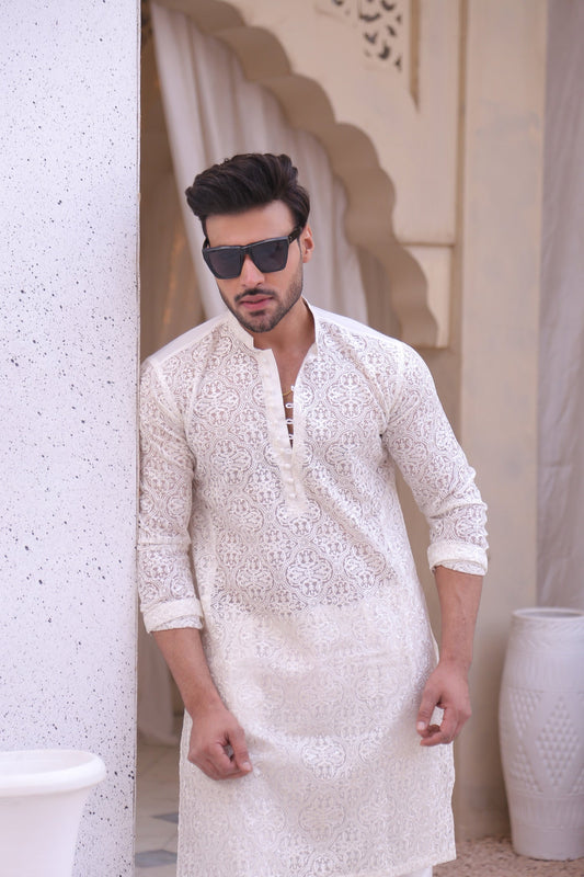 White Color Chicken Kari Embroidery Work Kurta Pajama For Men