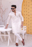 White Color Mirror Work Embroidery Kurta Pajama For Men