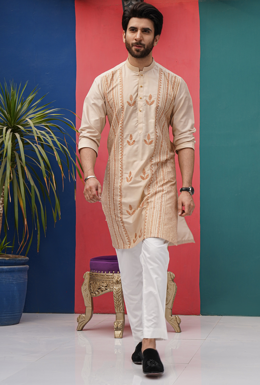 Golden Color Chicken Kari Embroidered Cotton-Silk Kurta Pajama For Men