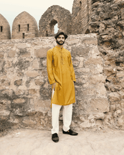 Mustard 2-Piece Cotton Silk Kurta Suit With Pant For Men