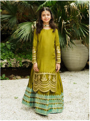 Elegant Soft Raw Silk 3-Piece Suit with Block Printed Lehenga For Girls