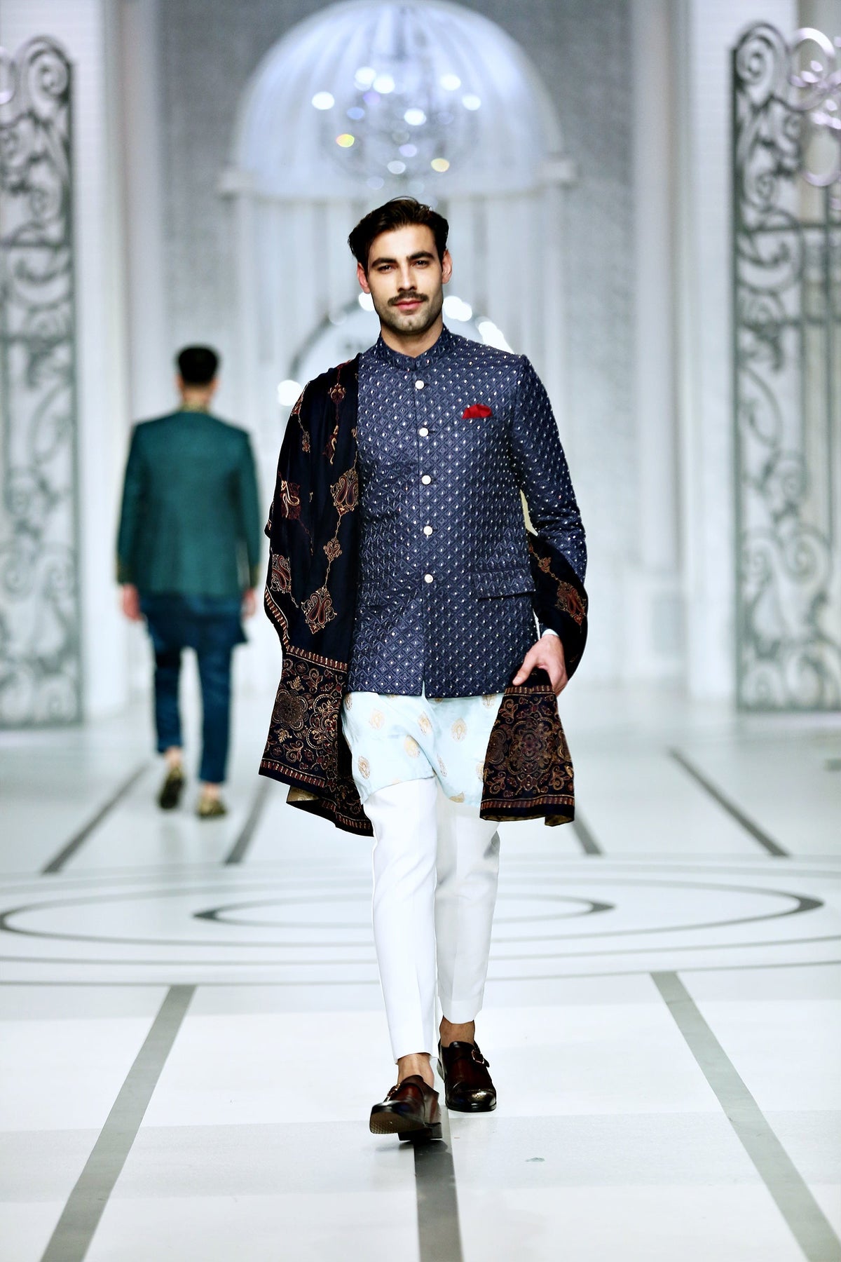 Blue Color Embroidered Prince Coat For Men