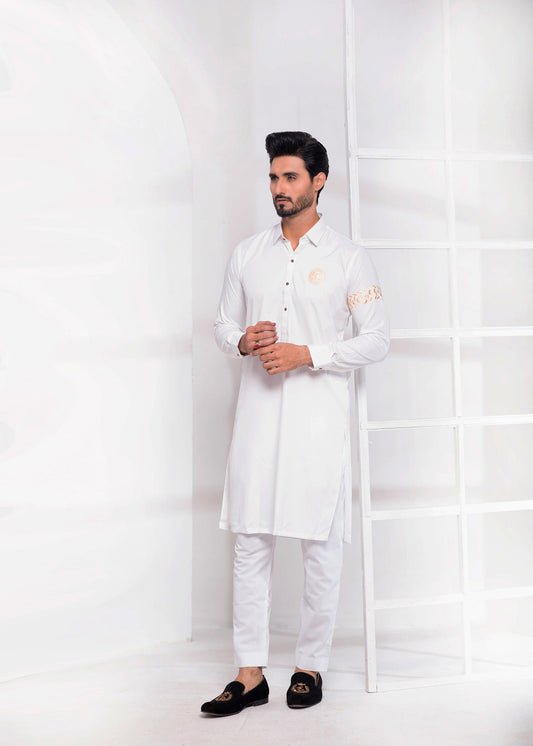 Off-White Color Signature & Sleeves Embroidered Kurta Pajama For Men