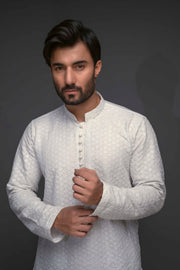 White Color Chicken Kari Diagonal Embroidered Kurta Pajama For Men