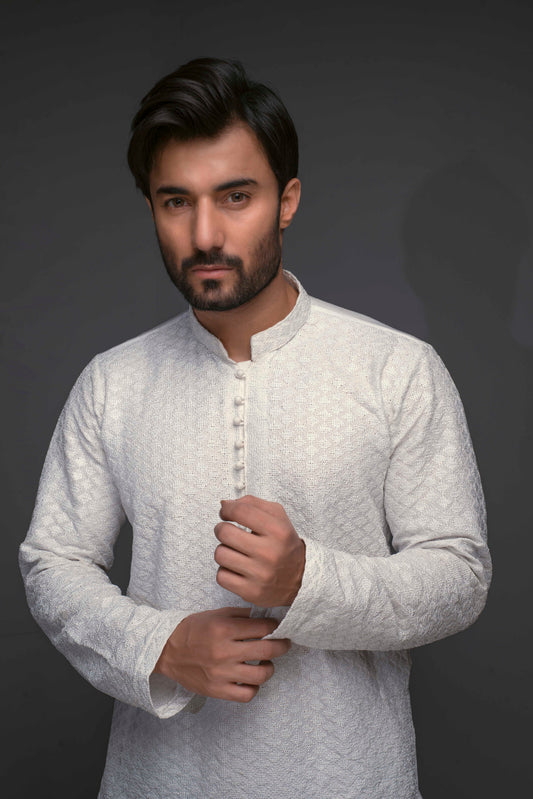 White Color Chicken Kari Diagonal Embroidered Kurta Pajama For Men