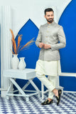 Grey Color Aari Checkered Embroidered Prince Coat For Men