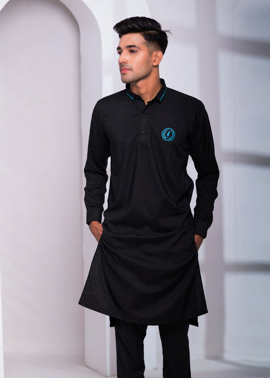 Black Color EMB Collar Embroidered Kurta Pajama For Men