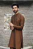 Brown Color Signature Embroidered Raw Silk Kurta Pajama For Men