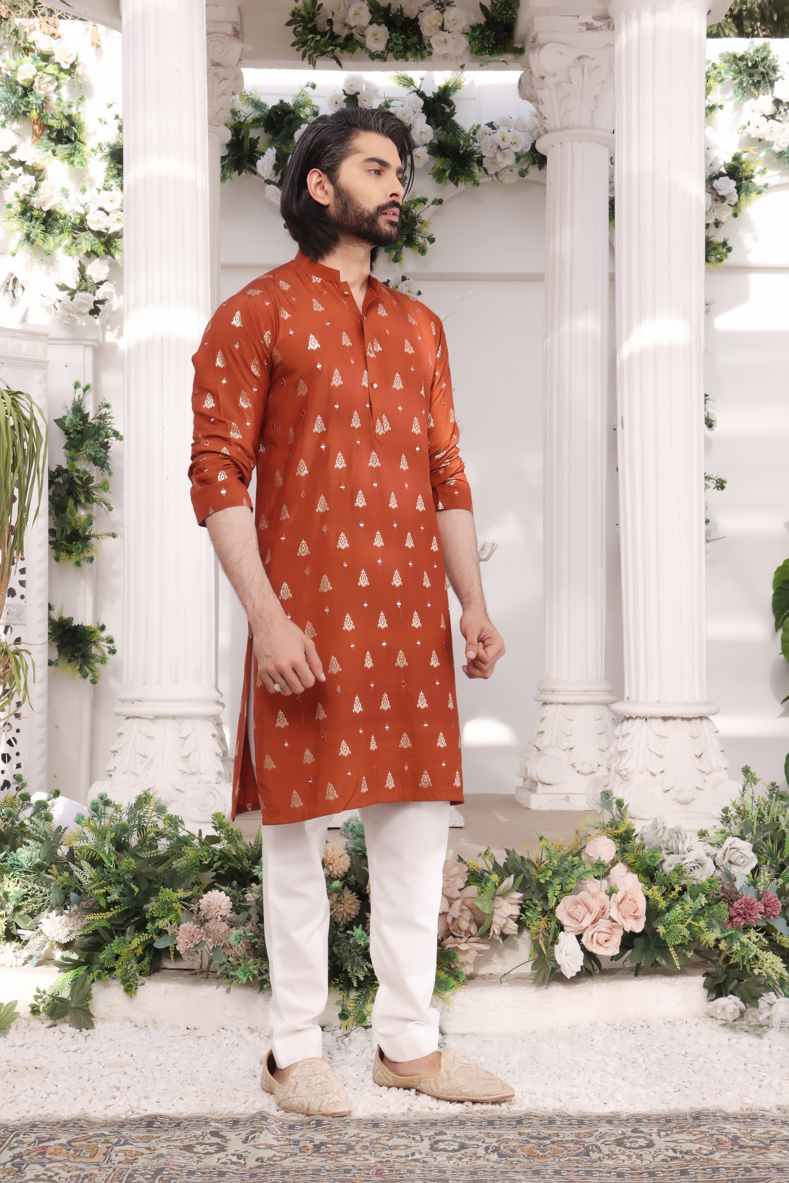 Orange Color Mirror Embroidery Self Cotton Fabric Kurta Pajama For Men
