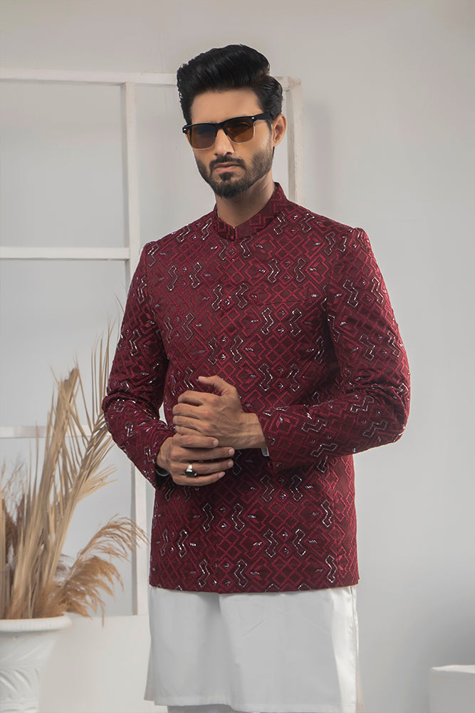 Maroon Color Thread Embroidered Prince Coat For Men – ColourCloset