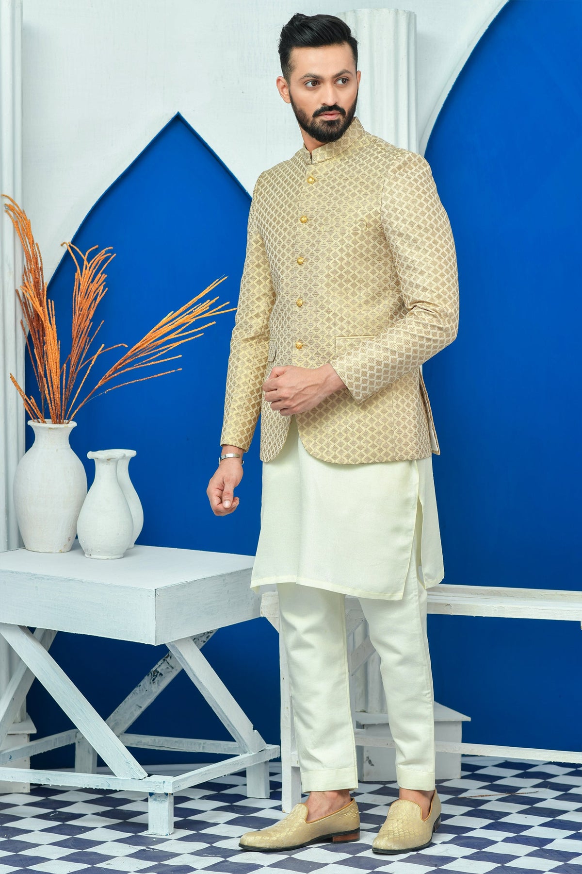 Beige Color Diagonal Embroidered Prince Coat For Men