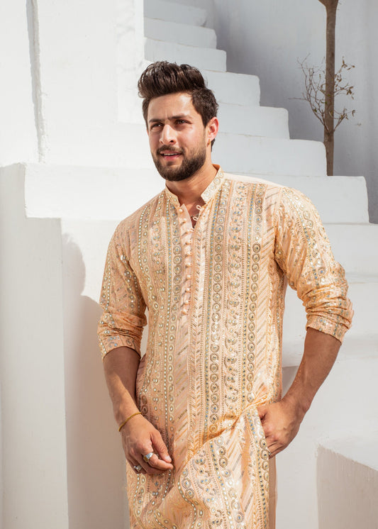 Peach Chanderi Kurta Pajama – Elegant & Refined For Men