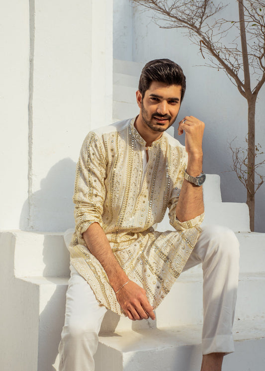 White Chanderi Kurta Pajama – Elegant & Premium For Men