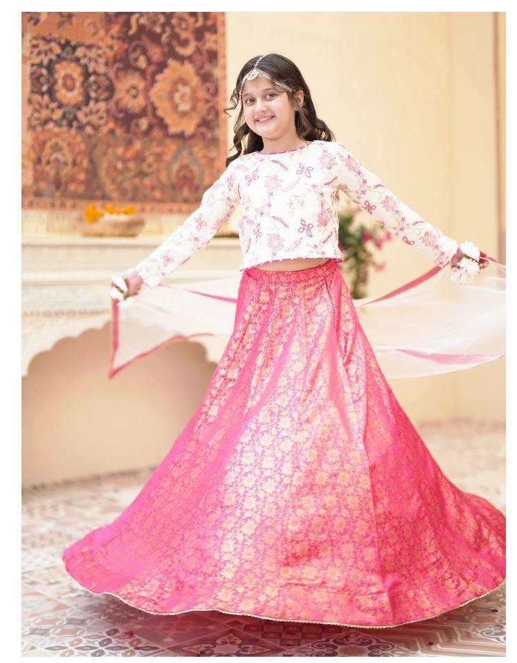 Pink Gotta Embroidered Raw Silk Lehenga Choli For Girls
