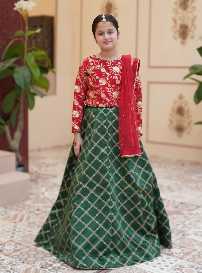Royal Embroidered Raw Silk Lehenga Choli with Sitara Dupatta For Girls