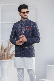 Blue Color Golden Embroidered Prince Coat For Men