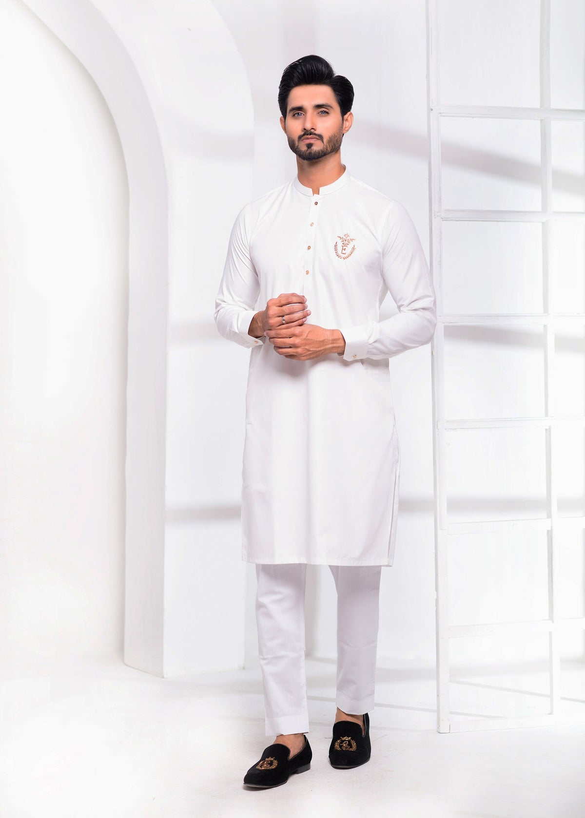 White Color Signature Logo Embroidered Kurta Pajama For Men