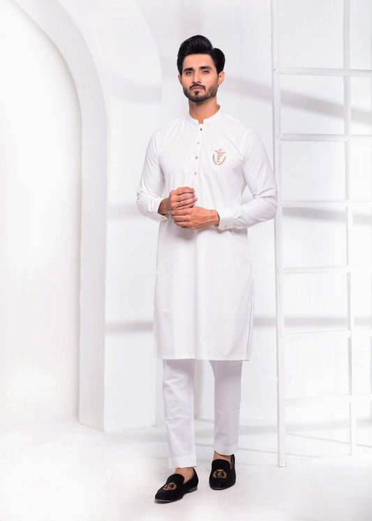 White Color Signature Logo Embroidered Kurta Pajama For Men