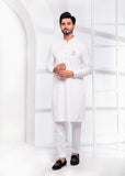 White Color Signature Logo Embroidered Kurta Pajama For Men