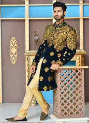 Black & Golden Color Velvet Embroidered Sherwani For Men