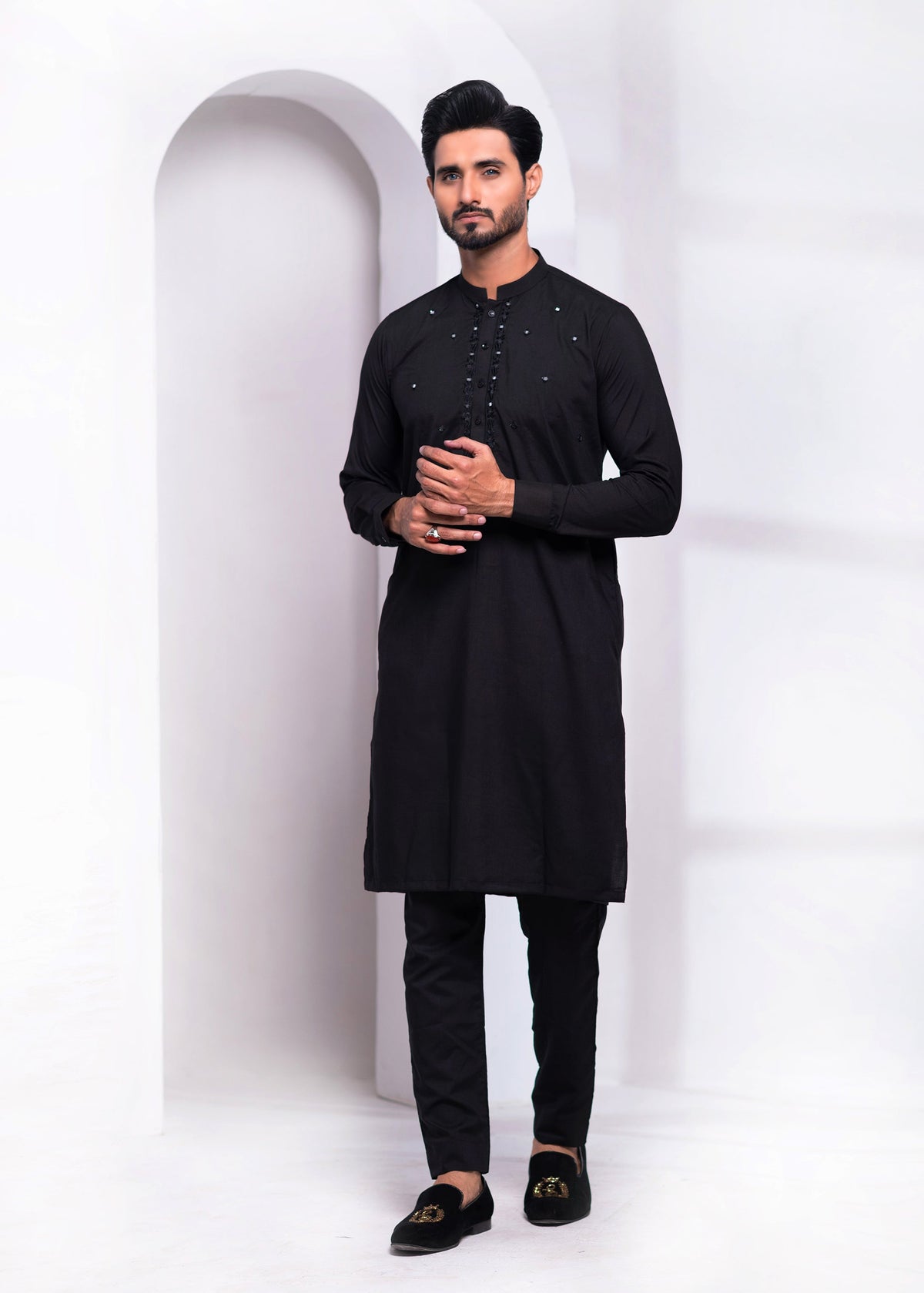 Black Color Mirror Embroidered Kurta Pajama For Men