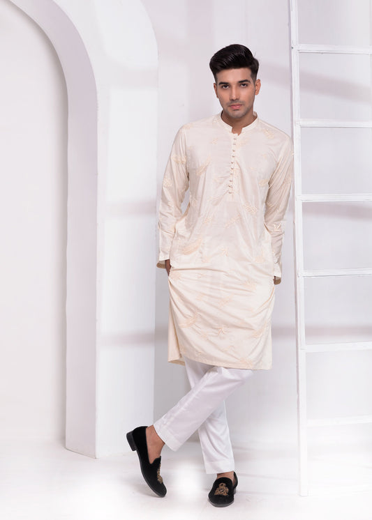 Off-White Color Embroidered Kurta Pajama For Men