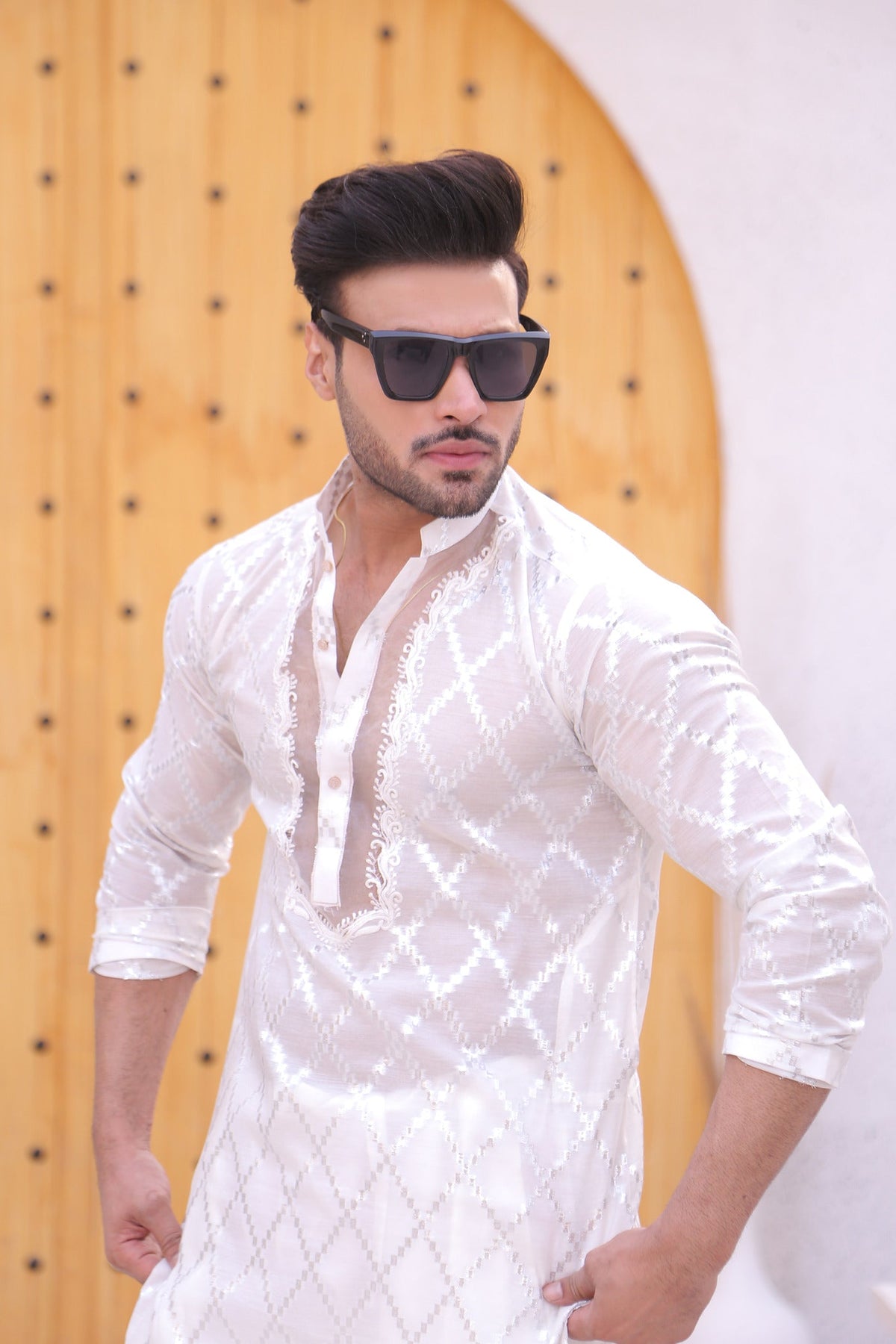 White Color Cut Work Embroidery Kurta Pajama For Men