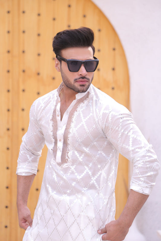 White Color Cut Work Embroidery Kurta Pajama For Men