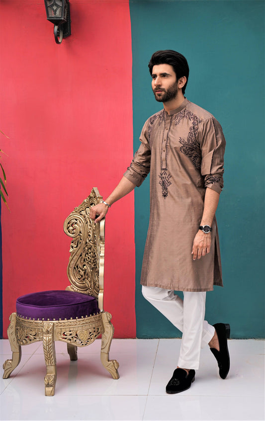 Metallic Color Raw-Silk Embroidered Kurta Pajama For Men