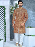 Red Color Velvet Golden Embroidered Sherwani For Men