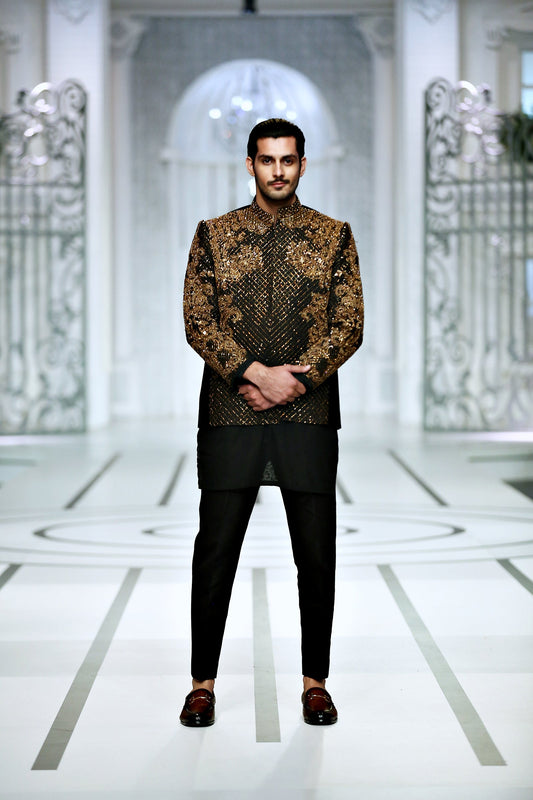 Black Color Front Open Design Embroidered Prince Coat For Men