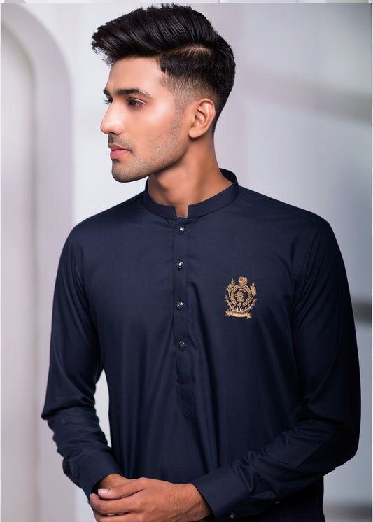 Black Color Signature Embroidered Kurta Pajama For Men